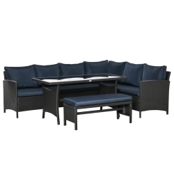 Outsunny 4 Pieces Patio Wicker Dining Sets, Outdoor PE Rattan Sectional Conversation Set with Cushions & Dining Table, Bench for Garden, Backyard, Lawn, Navy Blue