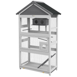 PawHut Wooden Bird Aviary with Slide-Out Tray, Birdhouse, Ladder, Perches for Finches, Parakeets, Gray