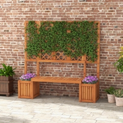 Outsunny Wood Outdoor Bench with Trellis for Climbing Plants and 2 Planter Boxes Garden Planter with Bench Privacy Panel Brown