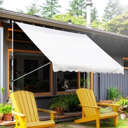 Outsunny 10x5ft Manual Retractable Awning, Patio Sun Shade Canopy Shelter with 5.6-9.2ft Support Pole, Water Resistant UV Protector, for Window, Door, Porch, Deck, White