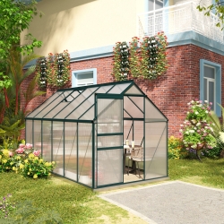Outsunny 6' x 12' x 6.5' Polycarbonate Greenhouse, Walk-in Green House with Adjustable Roof Vent Galvanized Base Sliding Door Rain Gutter for Outdoor Garden Backyard, Green