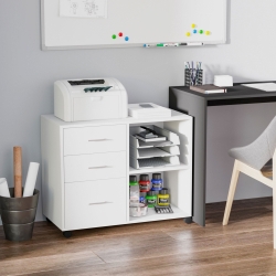 HOMCOM Modern Lateral Filing Cabinet, 3 Drawer File Cabinet for Letter and A4 Size Documents, Mobile, Printer Stand with Open Shelves, Rolling Wheels, White