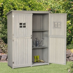 Outsunny 4x1.5ft Wooden Garden Sheds, Outdoor Storage with Windows and Double Door for Gardeners, Grey