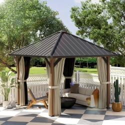 Outsunny 10' x 10' Hardtop Gazebo with Galvanized Steel Roof, Permanent Garden Gazebo with Netting and Curtains