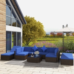 Outsunny 9 Pieces Wicker Patio Furniture Set with Cushion, Navy Blue
