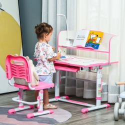 Qaba Kids Desk and Chair Set Height Adjustable Student Writing Desk Children School Study Table with LED Lamp, Bookshelf, Drawer, Reading Board, Pen Slot, Hook, Pink