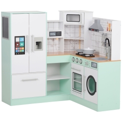 Qaba Play Kitchen, Corner Kids Kitchen Playset w/ Chalkboard, Range Hood, Ice Maker, Stove, Microwave, Sound & Lights