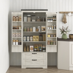 HOMCOM Farmhouse Kitchen Pantry Storage Cabinet, 64" Freestanding Kitchen Pantry Cabinet with Drawers, Distressed White