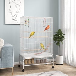 PawHut 52" Bird Cage with Rolling Stand, Toys, for Budgies Canaries White
