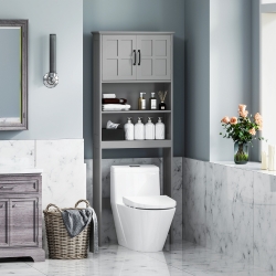 kleankin Modern Over The Toilet Storage, Bathroom Cabinets Over Toilet with Open Shelves and Double Door Cabinet, Grey