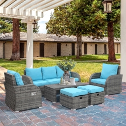 Outsunny 6 Pieces Patio Furniture with Cushions, PE Wicker Sectional Furniture Conversation Set with a 3-Seat Sofa, 2 Recliner Chairs, 2 Footstools, Table, Sky Blue