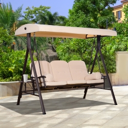 Outsunny 3 Seater Heavy Duty Swing Chair Outdoor Lounge Hammock Cushioned Seat W/ Tilt Canopy, Beige