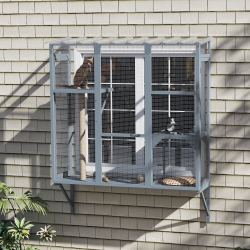 PawHut Wooden Catio Outdoor, Cat Window Box Enclosure for 2-3 Large Cats with 2 Jumping Platforms & Scratching Post, Grey