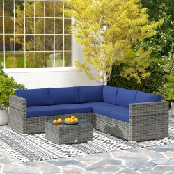 Outsunny 4-Piece Outdoor Rattan Wicker Conversation Furniture Set, Includes Corner Sofa, Loveseat, Coffee Table and Cushions, Modern Patio Sectional for Backyard, Navy Blue