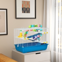 PawHut 31" Large Hamster Cage, Small Animal House, Multi-storey Gerbil Haven, Tunnel Tube System, with Water Bottle, Exercise Wheel, Food Dish, Ramps, Blue