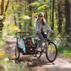 Aosom 2 Seat Bike Trailer for Kids 2-in-1 Double Baby Jogging Stroller with Handbrake, Rubber Wheels, 5 Point Harness, Waterproof Cover, Storage Bag, Reflectors, Blue