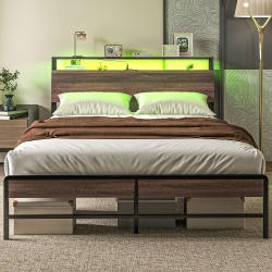 HOMCOM Queen Size Bed Frame with LED Lights and Charging Station, Queen Bed Frame with Storage Headboard, Noise-Free, Walnut