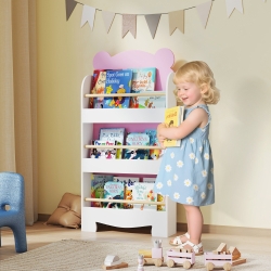 Qaba 3-Tier Bear Theme Kids Bookshelf with Anti-tipping Device for Living Room, Kids Room, Playroom, Pink