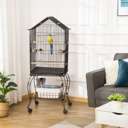 PawHut Bird Cage 57 Inch Flight Cage for Cockatiel, Conure with Rolling Stand, Pull Out Tray, Storage Shelf, Open Top