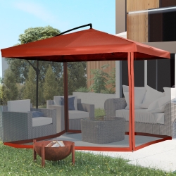 Outsunny Offset Patio Umbrella with Net and Umbrella Base, Adjustable Cantilever Canopy with Cross Base, Weight Plates and 8 Ribs for Backyard, Poolside, Garden, Wine Red