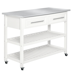 HOMCOM Kitchen Island with Stainless Steel Top, Traditional Kitchen Island with Storage, Butcher Block Cart 2-Tier Open Shelves, Drawers, White