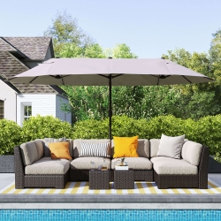 Outsunny 15'x 8.7' Outdoor Patio Umbrella with Twin Canopy Backyard Umbrella with Lift Crank Tan