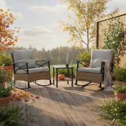 Outsunny 3 Pcs Outdoor PE Rattan Rocking Chair Set, Bistro Set with Two-tier Table, Padded Cushions for Garden, Grey