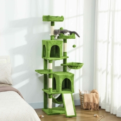 PawHut Cat Tree, 70" Multi-Level Cat Tower with 2 Condos, 2 Perches, Hammock, Toy Balls, Scratching Posts and Board, Green