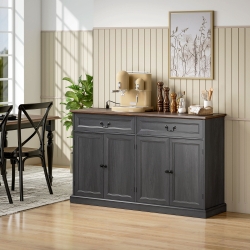 HOMCOM Buffet Cabinet, 55" Farmhouse Sideboard with Charging Station, 2 Drawers and 2 Adjustable Shelves, Black Wood Grain