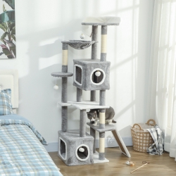PawHut 65 Inch Cat Tree with 2 Doors Condos, Plush Top Perch, Hammock, Sisal Scratching Posts, 4 Pompoms, Ramp, Grey