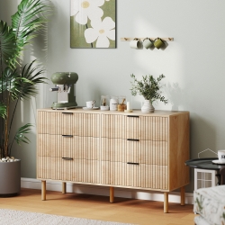 HOMCOM Bedroom Chest of Drawers, 6 Drawer Dresser with Fluted Panels and Solid Wood Legs, Storage Cabinet for Living Room, Oak