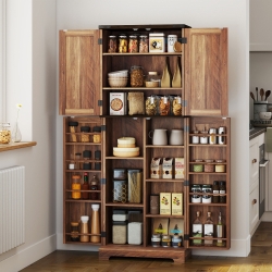 HOMCOM 64" Tall Kitchen Pantry Cabinet with Spice Racks and Adjustable Shelves, Brown Wood Grain