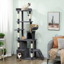 PawHut 67" Large Cat Tree with 7 Scratching Posts, Tunnel, 2 Condos, Hammock, Perch, Ramp, Pompoms, Dark Grey