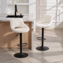 HOMCOM Bar Stools Set of 2, Swivel Counter Height Barstools with Adjustable Height and Cutout Back, Velvet Upholstered Bar Chairs with Round Metal Base and Footrest, Cream