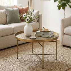 HOMCOM Vintage Coffee Table for Living Room, 24" Round Center Table with Hammered Tray Top and Metal Frame, Gold