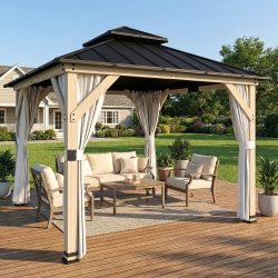 Outsunny 10 x 10 Hardtop Gazebo with Curtains, Wood Patio Gazebo with Double Steel Roof, Hook, Light Grey