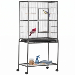 PawHut 30" Rolling Metal Bird Cage Feeder with Detachable Rolling Stand, Storage Shelf, Wood Perch & Food Container
