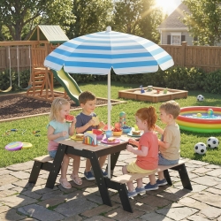 Qaba Kids Picnic Table with Umbrella, 3 in 1 Wooden Sand & Water Table with 2 Hidden Play Boxes for Patio, Ages 3-6
