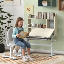 Qaba Kids Desk and Chair Set with Tilting Desktop, Adjustable Height, Drawer and Shelves for Boys Girls Ages 3-12, Grey