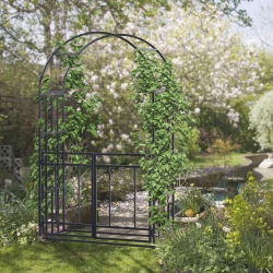 Outsunny 6.7 FT Steel Garden Arch with Gate Outdoor Courtyard Arbor for Climbing Vine Plants Lawn Backyard Decoration Dark Grey