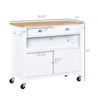 HOMCOM Rolling Kitchen Island Cart, Trolley Cart with Wine Rack, Rubberwood Top, Drawer and Hook, White(m-3)