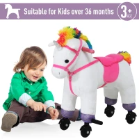 Qaba Kids Plush Toy Ride-on Rocker Unicorn Horse Rolling Pony w/ Realistic Sound - White(m-6)