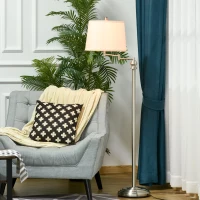 HOMCOM Standing Floor Lamp Tall Pole Light with Shade, Metal Round Base Adjustable Support Pole, E26 Bulb Base, for Bedroom, Living Room, Office, Silver/Beige(m-9)