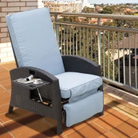 Outsunny Patio Recliner, Outdoor Reclining Chair with Flip-Up Side Table, All-Weather Wicker Metal Frame Chaise with Footrest, Cushions, Coffee, Blue(m-2)