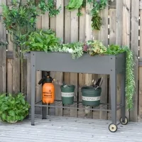 Outsunny 43" x 17" x 32" Elevated Planter Box with Legs Raised Garden Bed Elevated with 2 Wheels, Bottom Shelf for Storing Tools, & Water Drainage Hole, Grey(m-1)