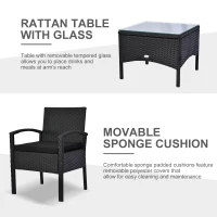 Outsunny 3 Pieces Wicker Patio Furniture Set, Rattan Bistro Set with Coffee Table and Cushions, Outdoor Conversation Set for Garden, Porch, Balcony, Black(m-4)