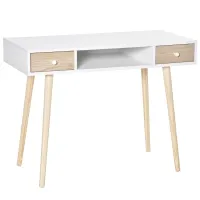 HOMCOM Kids Wooden Work Study Desk Makeup Vanity and Writing Computer Table with Storage Drawers & Pinewood Legs, White and Natural(m-1)