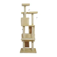 PawHut 71in Deluxe Multi-Level Scratching Cat Tree Play House with Two Condos and Toys Beige(m-7)