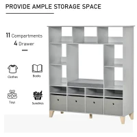 HOMCOM Kids Cube Storage Shelves with Bins and Large Storage for Kids Bedroom, Multiple Storage Units for Big Capacity Kids Shelf with Seat Featuring Thick Cushioning, Grey(m-4)