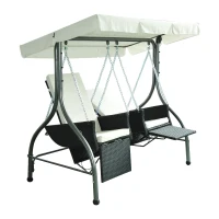 Outsunny Luxury Heavy-Duty Patio Swing Chair 2 Separated Seats Rattan Wicker Recliner Seat Garden Outdoor Canopy Cushion Steel, Black & Cream-white(m-2)